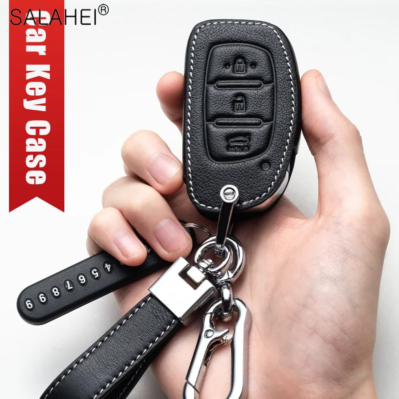 Leather Car Key Case Cover Holder For Hyundai Tucson Sonata Santa Fe Creta ix25 ix35 i10 i20 Verna Solaris Mistra Elantra Accent