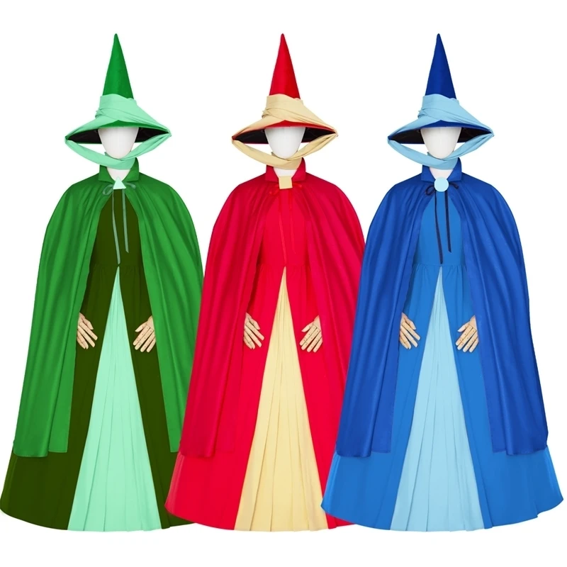 

Fairy Cosplay Costume Fairy Flora Fauna Merryweather Luxury Fancy Red Blue Green Stage Performance Ball Dress Halloween Outfits