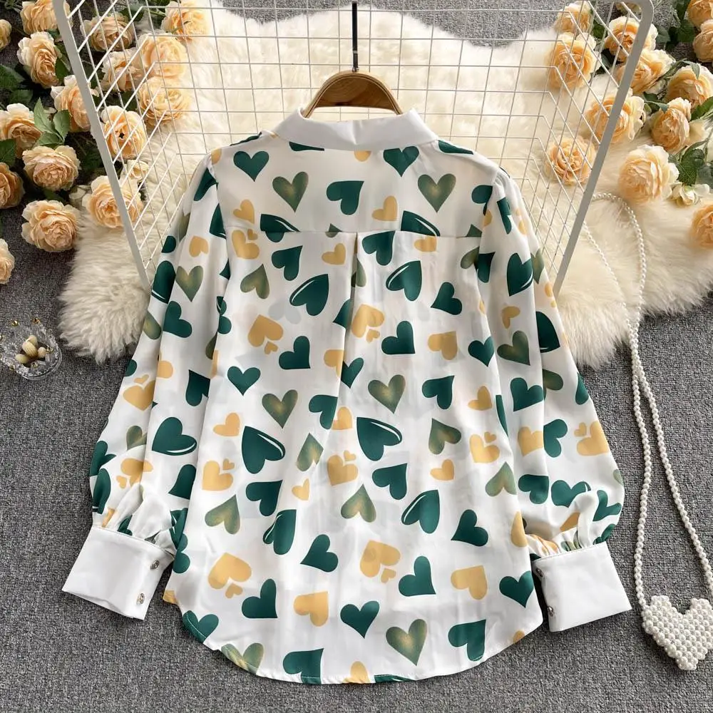 Heart Print Chiffon Polo-Neck Lantern Sleeve Single Breasted Women\'s Blouse Shirt Korean Fashion Female Clothing 2024 Autumn