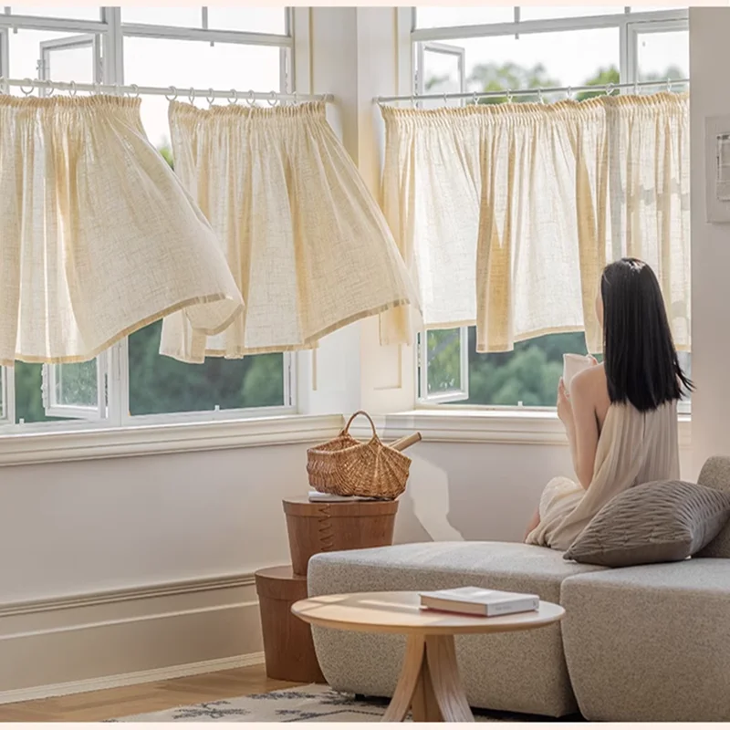 Dimmable decorative coffee shop wrinkled linen gauze door curtain half curtain Japan short curtain pleated short sheer curtains