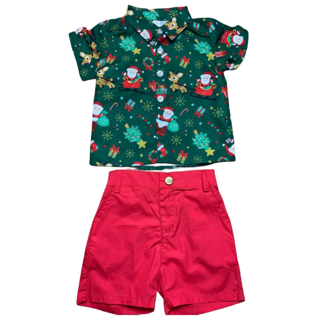 Autumn and winter casual fashion children\'s Christmas shirt set Christmas short-sleeved shorts set boys\' two-piece set