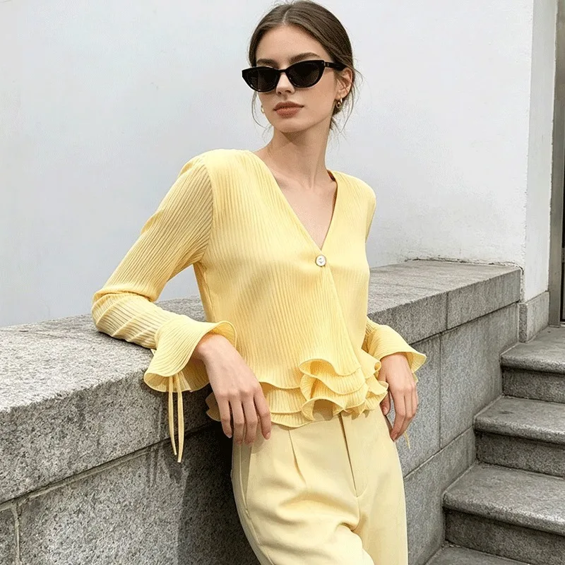 Ticketsx Fashion Ruffled Patchwork Cardigan Women's New V Neck Button Lace Up Short Tops Casual Street Commuter Female Cardigan