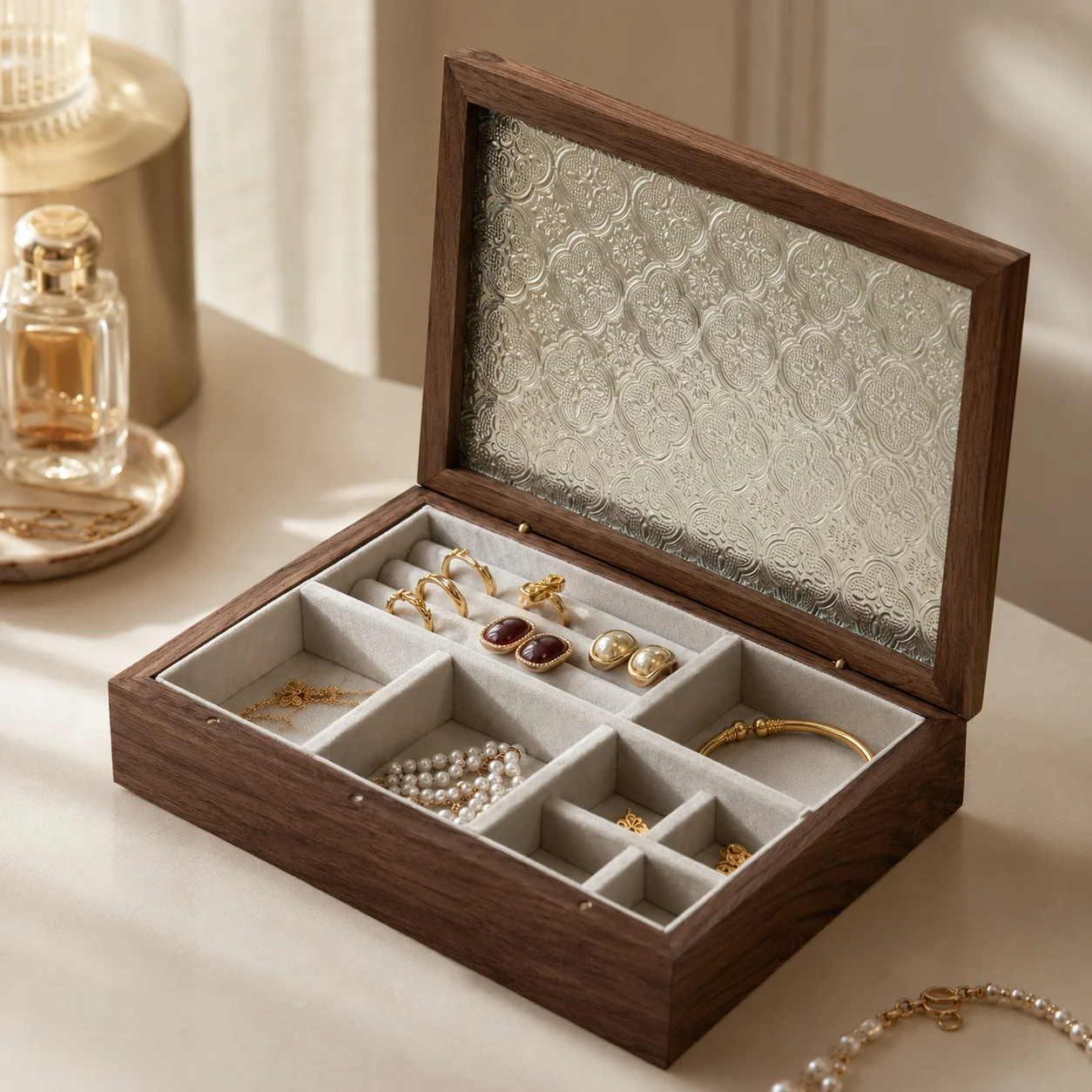 Cherry Wood Jewelry Box with Green Velvet Compartments Textured Glass Lid Ring Earring Necklace Bracelet Watch Storage Decor