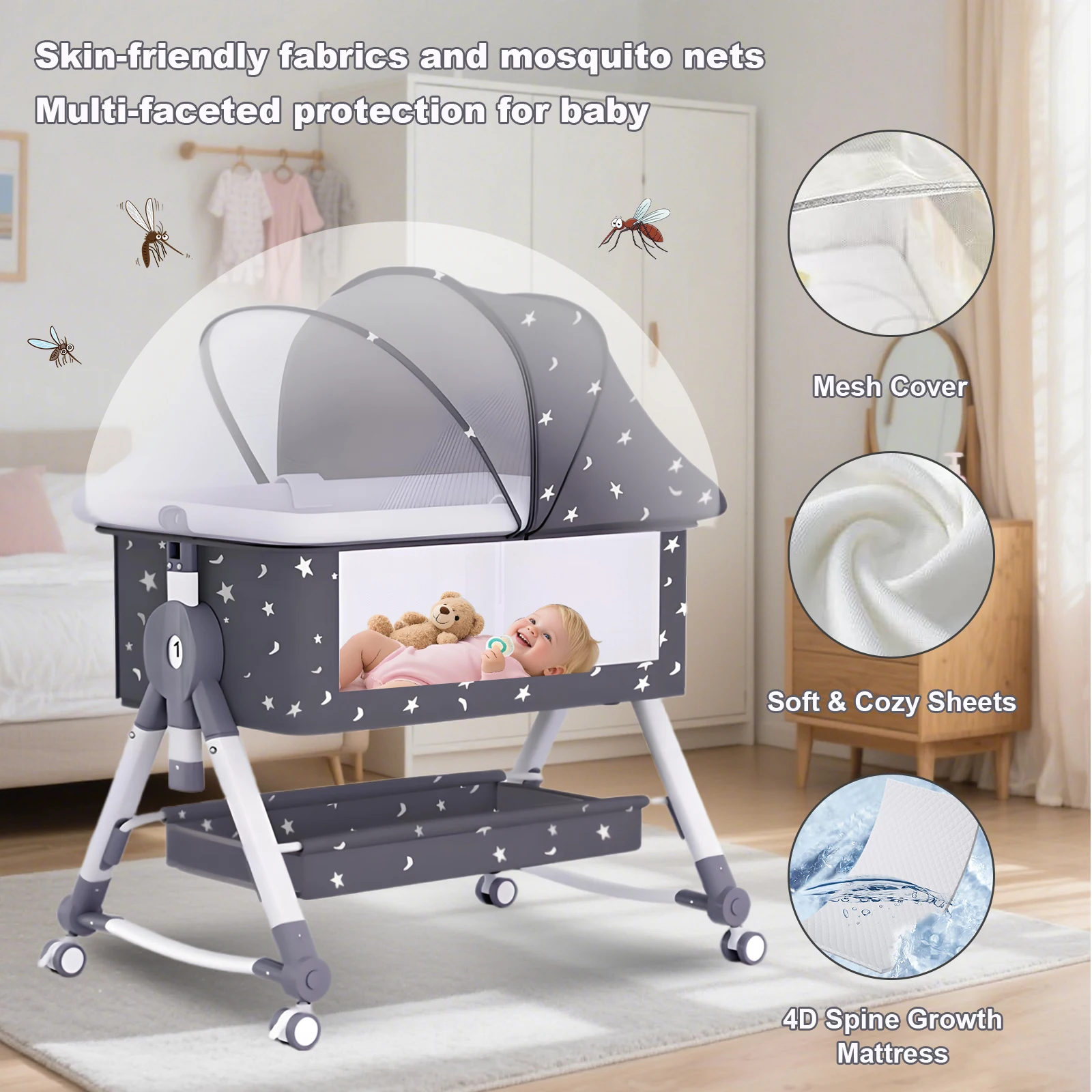 Baby Crib Portable Splicing Cradle Bed Foldable Height Adjustable Movable Bedside Swing Bed Bassinet With Wheels,Mosquito Net