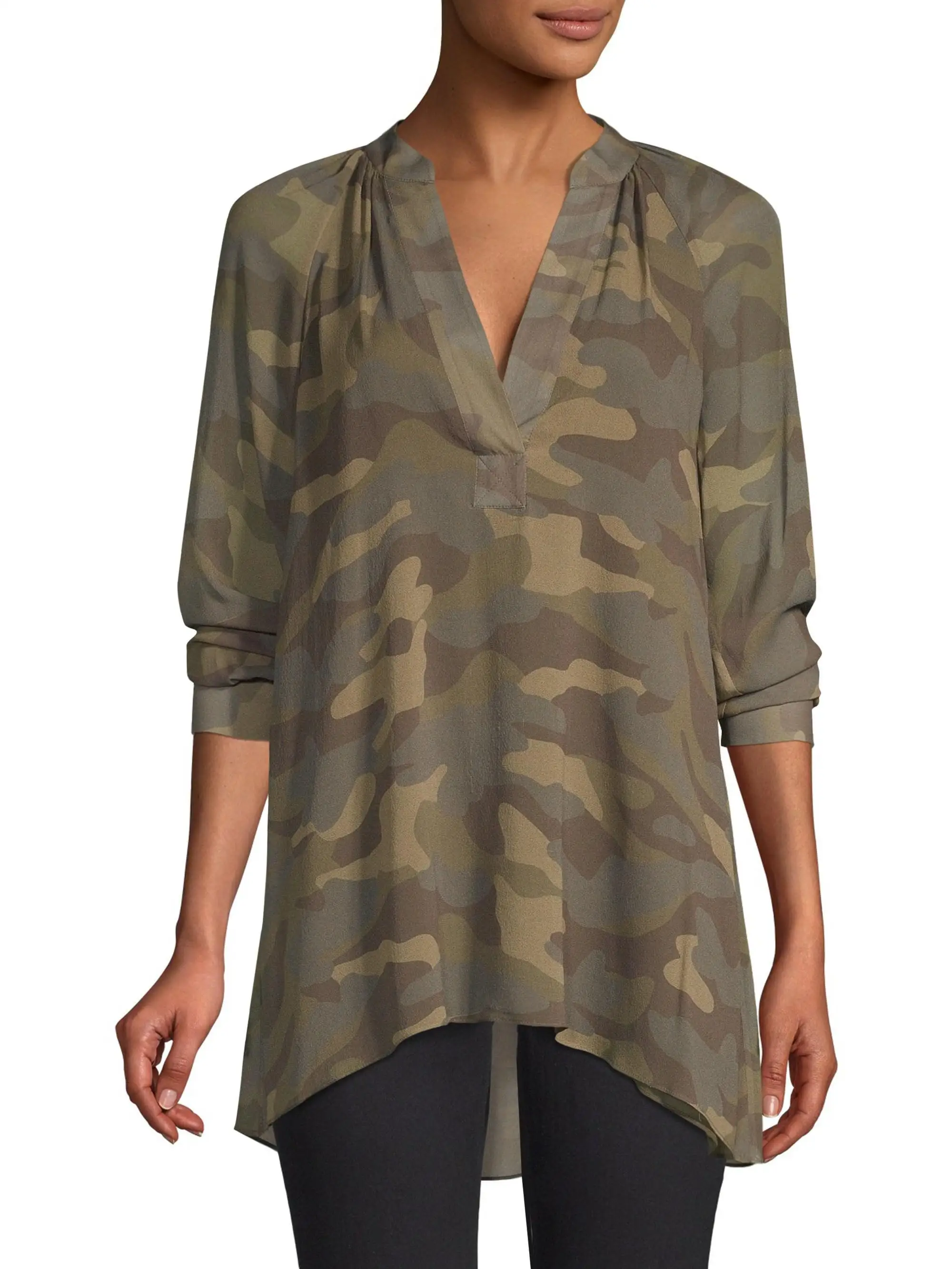 

Digital Print Silk Sleepwear Shirt Long Sleeve Cool Sun Protection Women's Loose Fit V-Neck Mid-Length Casual Fashion