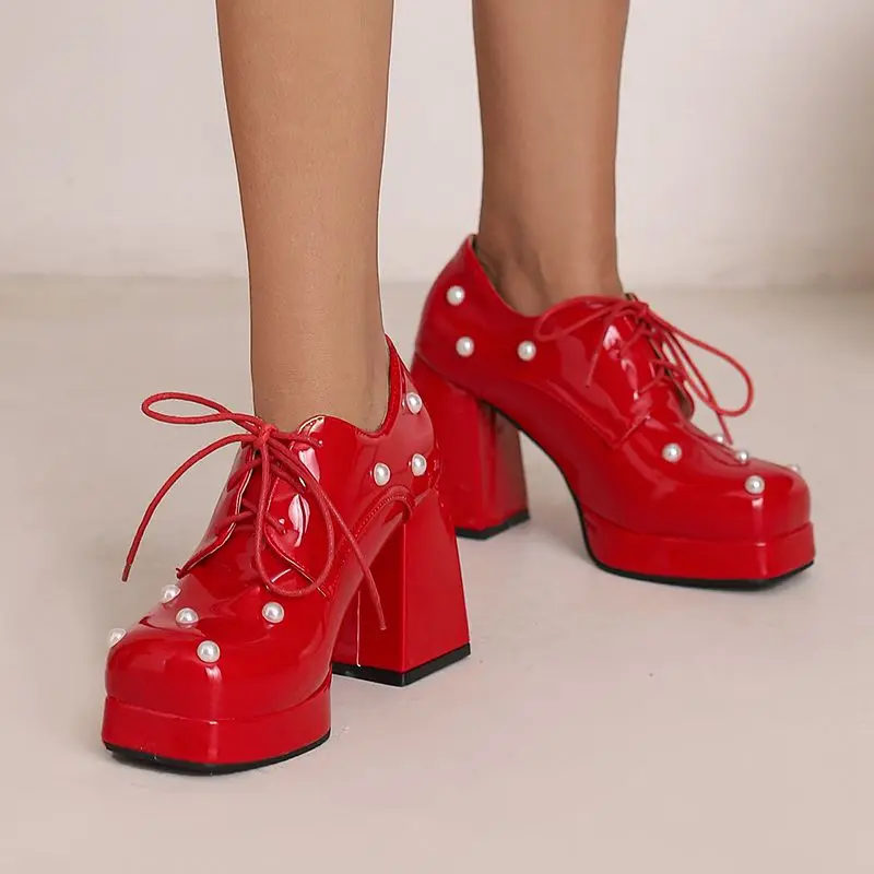 

ORCHA LISA Женские красные туфли-лодочки на платформе с квадратным носком, 9,5 см, массивный высокий каблук, шнуровка, декор из бисера, большой размер 48, повседневная обувь для свиданий