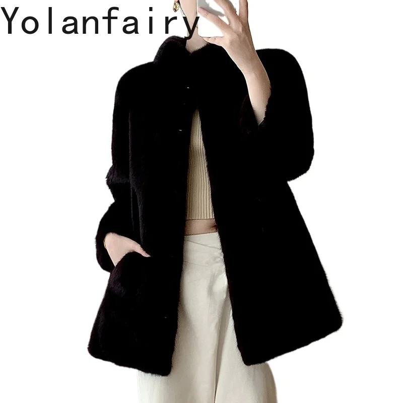

YOLANFAIRY Real Fur Coat Woman Luxury 2025 Winter Mid-length Natural Whole Mink Fur Jacket Stand Collar Black Fur Coats Slim