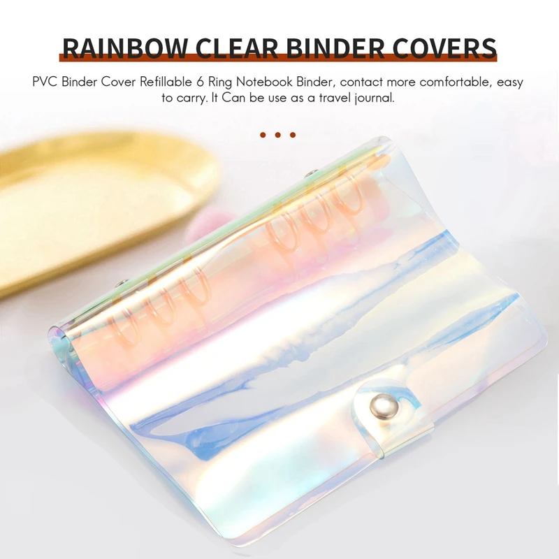 2 Pcs A6 6-Ring Rainbow Clear PVC Binder Cover Refillable Notebook Binder Protector Loose Leaf Planner Binder Cover Multicolor