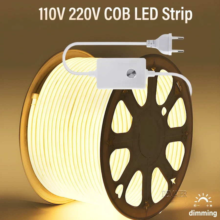 Strip LED COB 360leds/M, terang tinggi steker EU 220V CRI RA90 tahan air luar ruangan taman FOB pita LED untuk kamar tidur pencahayaan dapur