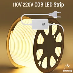 Tira conduzida cob 360leds/m alto brilho plugue da ue 220v cri ra90 à prova dwaterproof água ao ar livre jardim fita escurecimento para o quarto iluminação da cozinha