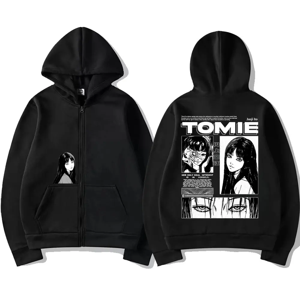 Anime Tomie Junji Ito Zipper Hoodie Men Women Fleece Manga Cosplay Zip Up Jacket Unisex Horror Gothic Harajuku Zip Up Sweatshirt
