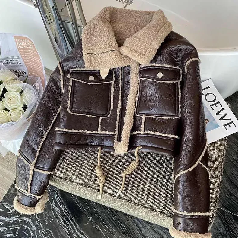 Boys and Girls 2024 Winter New PU Leather Lamb Wool Jacket Korean Motorcycle Thick Standing Collar Short Fur Coat