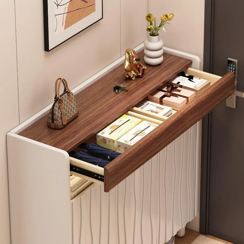 New solid wood large-capacity cream wind floor-to-ceiling entrance cabinet, integrated household high-foot storage cabinet