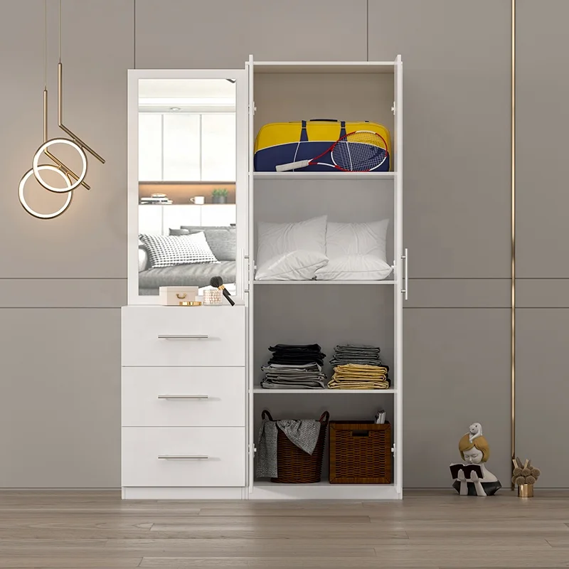 Zq Bedroom Wardrobe with Mirror White Closet Wardrobe High Gloss Surface Roperos Y Closets with Storage Drawer