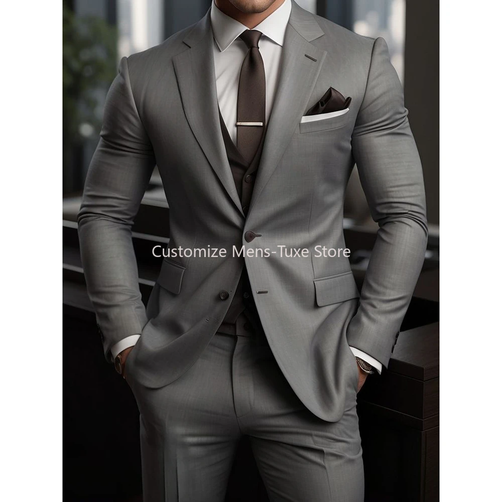 

High Quality Men's Suits Grey Single Breasted Notch Lapel Wedding Costume Homme 3Piece Jacket Pants Vest Slim Fit 2024