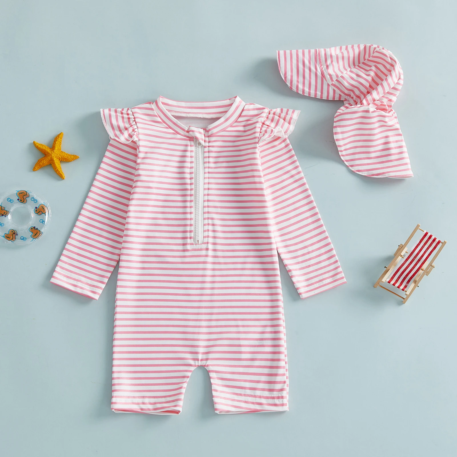 

Купальный костюм-комбинезон для девочек с длинным рукавом, круглым вырезом, в полоску, с защитой от солнца, с шапочкой для плавания