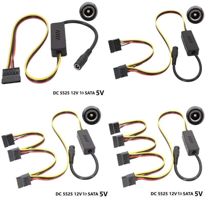 DC to SATA Convert Cable HDD Power Cord 1 DC 5525  to 1 2 3 4 SATA Wire Splitter 5.5X2.5 DC 12V to Big 4 Pin Sata 5V Adapter
