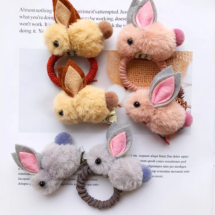 15pcs Cute Fluffy Rabbit Hairpins Barrettes Fur Bunny Elastic Hair Bands Easter Headwear Boutique Hair Accessories for Girls