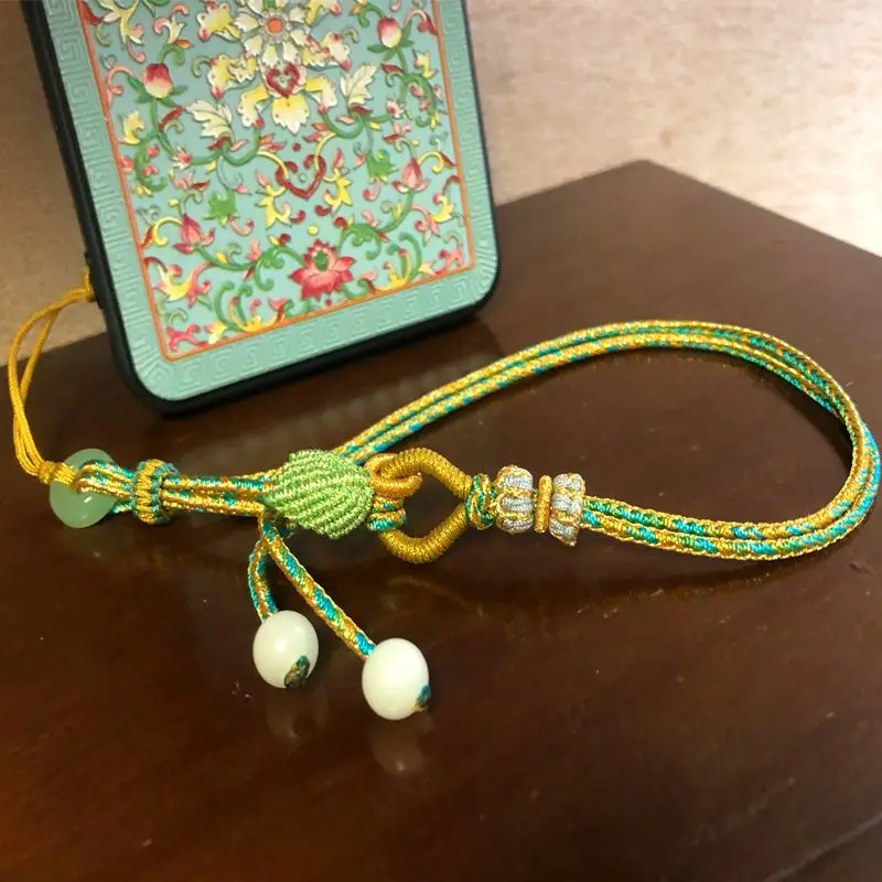 Handwoven Chinese Style Thousand Miles Landscape Phone Case Lanyard with Wearable Wrist Strap Creative Leaf Design Keychain Gift
