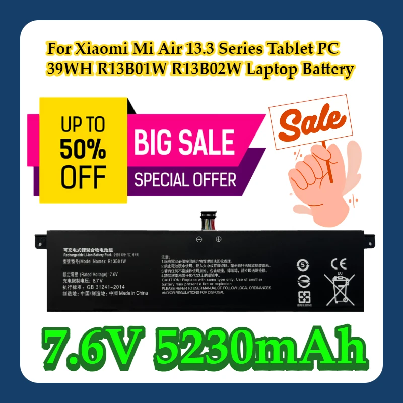 

Для Xiaomi Mi Air 13,3 Series Tablet PC 39WH 7,6 В 5230 мАч R13B01W R13B02W Аккумулятор для ноутбука