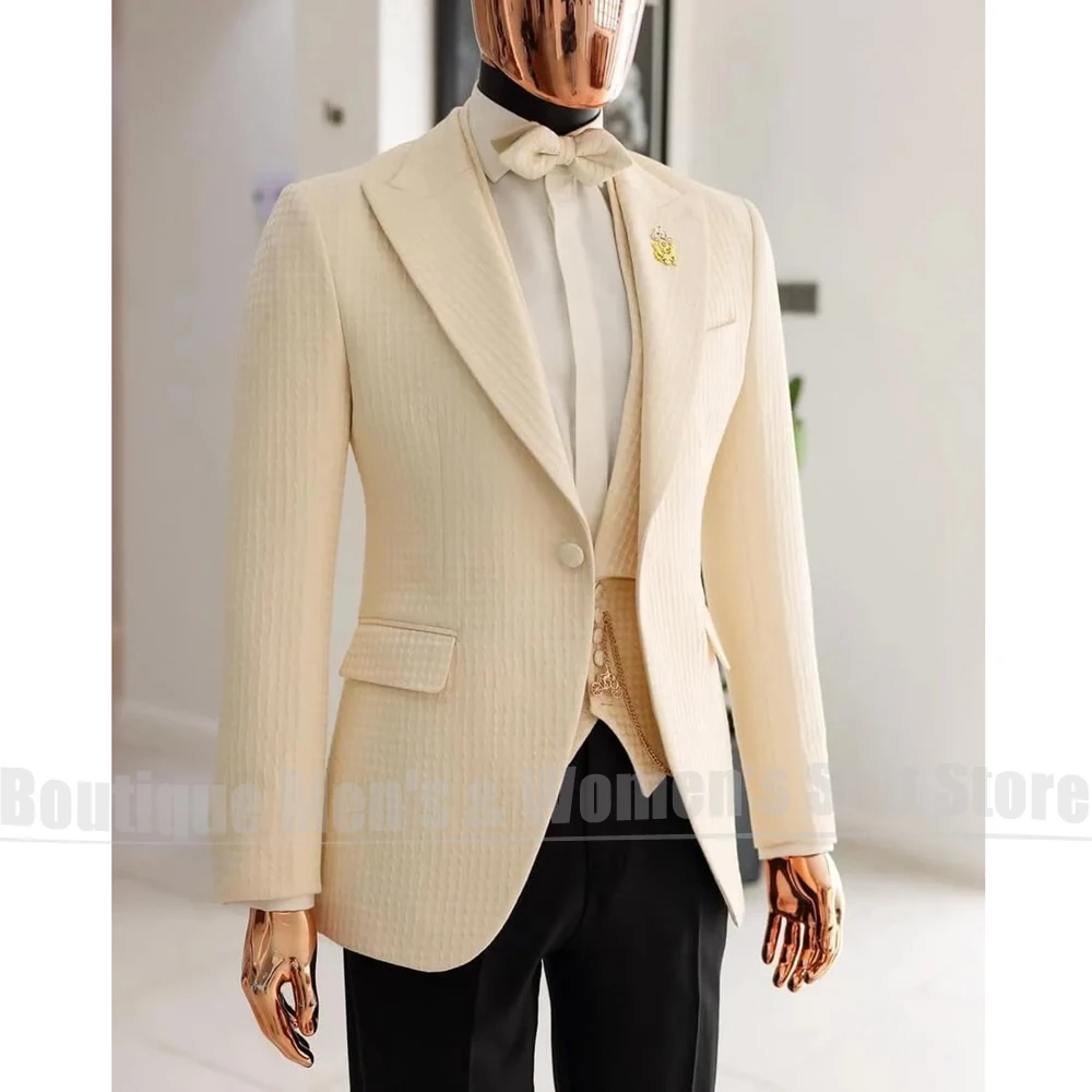 Fashion Waffle Textured Men Suits 3 Piece Peak Lapel Blazer Vest Black Pants Slim Fit Party Formal Wedding Groom Tuxedo