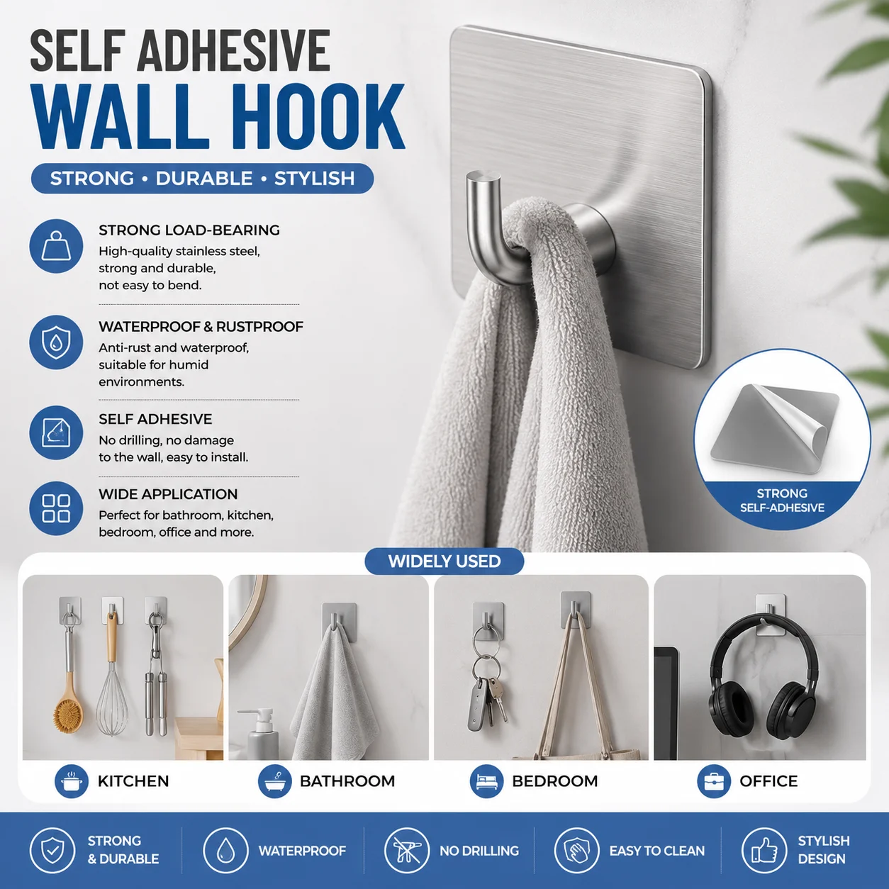 `Heavy‑Duty Rustproof Stainless‑Steel Over‑Door Adhesive Hooks, 3M Sticky Wall Hook for Hanging Towel, Robe & Coat Bathroom Kitc