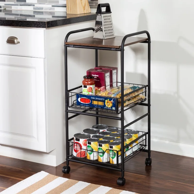 

3-Tier Rolling Kitchen Storage Cart with 2 Metal Basket Drawers, Black/Brown