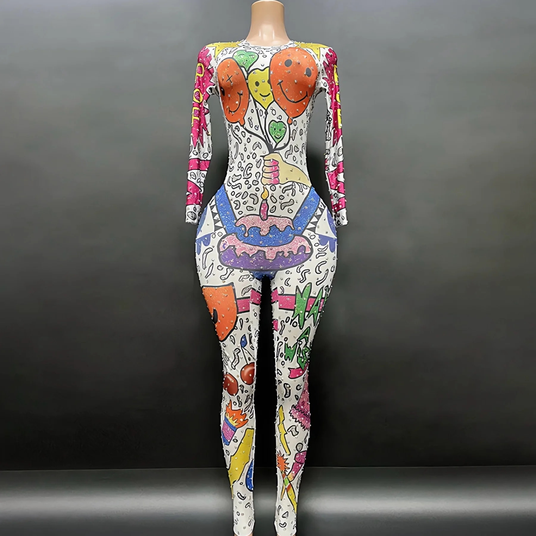 

Balloon Cartoon Printing Diamonds Sexy Elastic Sheath Long Jumpsuit Evening Party Performance Bar DJ Nightclub Singer Stage Wear