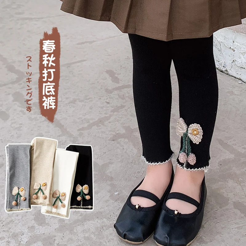 Cute Girls Spring Autumn Knitted Pom Pom Embroidered Floral Bow Anti Pilling Leggings High Elastic Comfortable Nine-Point Pants