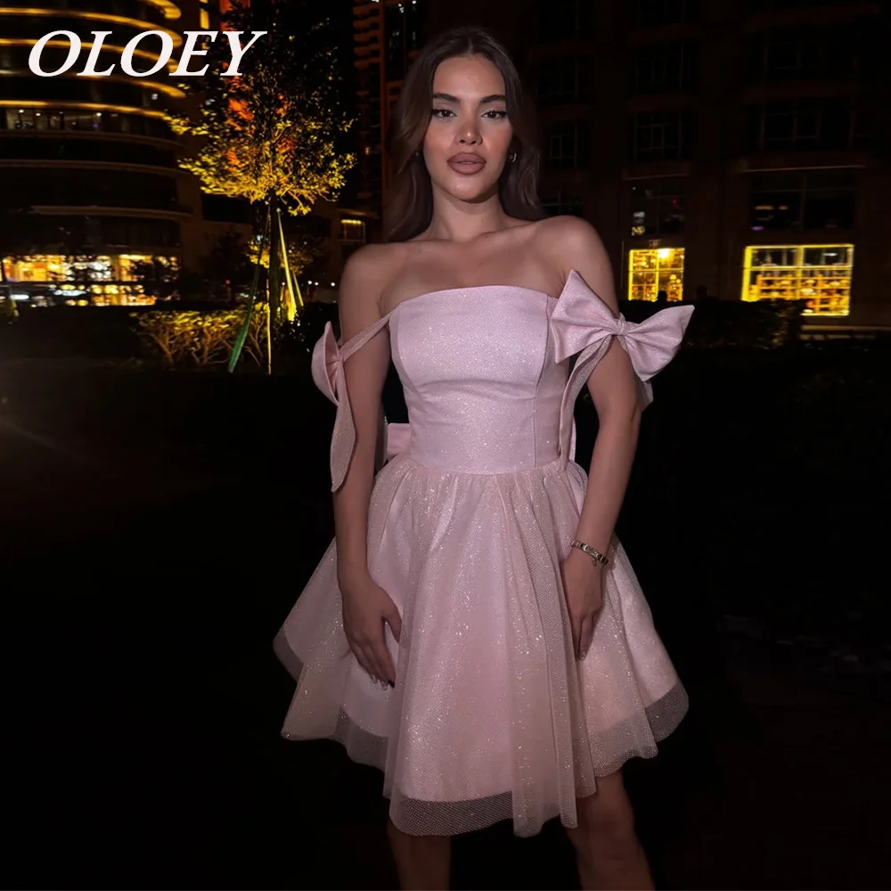 

OLOEY современные розовые блестящие короткие коктейльные платья для выпускного вечера по индивидуальному заказу плиссированные тюлевые рукава с короткими рукавами мини-платье для вечеринок на шнуровке сзади