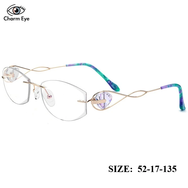 

Optical Women Blue Crystal Diamond Trimmed Myopia Glasses Frame Ultra Light Pure Titanium Frameless Fashion Business Eyewear