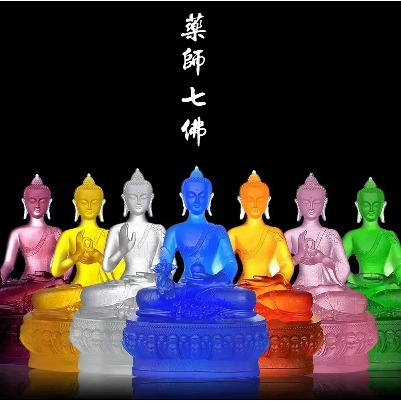 Resin Buddha Statue with LED Light Glazed Seven Buddhas Figure Home Decor Zen Meditation Ornament Spiritual Gift for Living