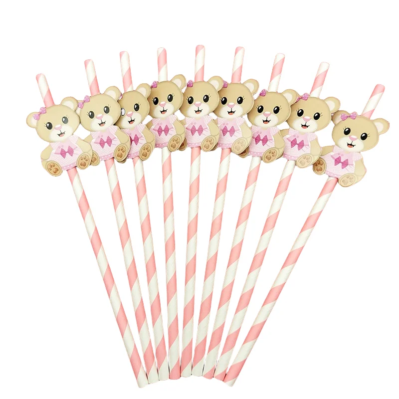 10 pz oro rosa cartone animato orsacchiotto paglia usa e getta bambini festa di buon compleanno Baby Shower orsacchiotto tema decorazioni per feste