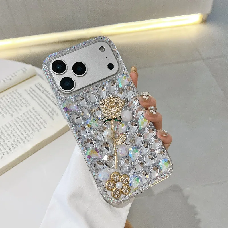 

Rose Diamond-Encrusted IPhone Case for IPhone 17 Pro Max 16 Pro 15/14/13 Protective Case Apple 13/12 Pro Pearl Rhinestones Case