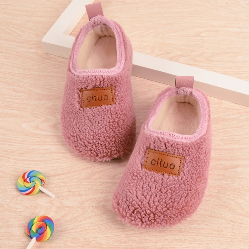 Children Cotton Slippers Solid Warm Kids Winter Home Shoes Boys Girls Plush Floor Shoes Indoor Soft Sole Anti-slip Cotton Shoes