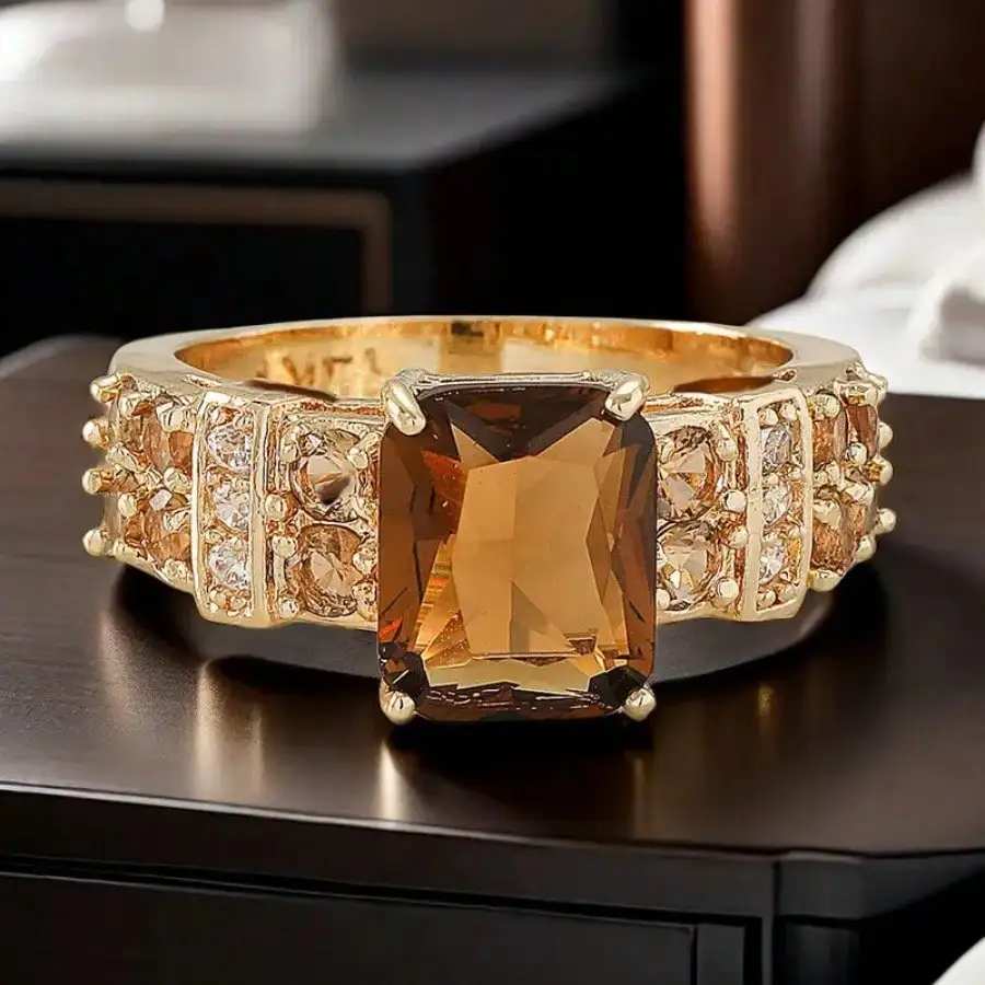 Elegant 14K Gold Plated Copper Ring, Inlaid With Shiny Cubic Zirconia, Square Design - Perfect For Wedding, Engagement, Anniversary, Valentine's Day Gift, Luxurious Style, Party Accessory,Mom,Mother,Mother's Day,Gift，sj25012173852085850