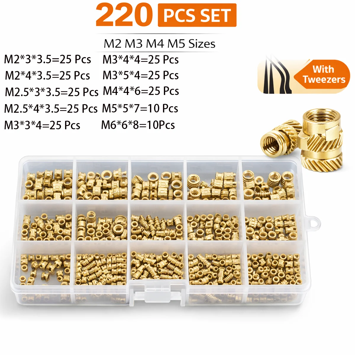 330/220-teiliges Messing-Wärmeeinpress-Einsatzset M2 M3 M4 M5 Gewindeeinsätze für 3D-Druckmodelle, mit Pinzette 3D-Drucker-Zubehör