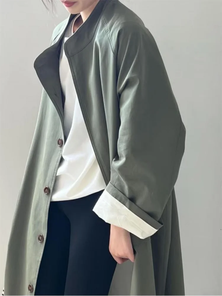 

Women's Stand Collar Trench Coat, Casual Loose Fit Long Sleeve Button Down Jacket, Windbreaker with Pockets for Spring Autumn