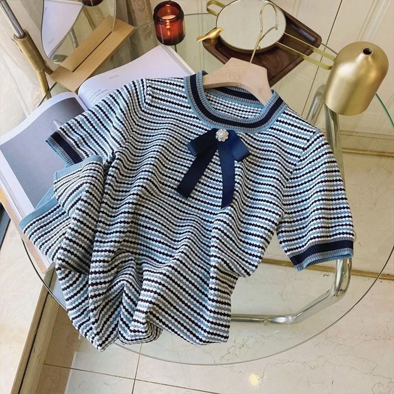 

Women's Short Sleeve O-neck Temperament Elegant Dresses Summer Fashion Contrast Bow Striped Knitted Dress