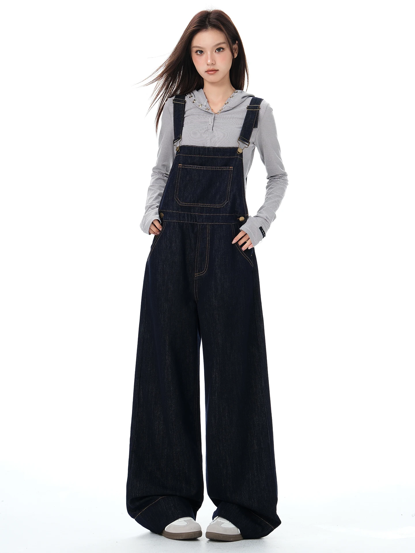 MGHG Denim Blue Oversized American Style High Waist Overalls Women's Fashion Autumn 2025 New Loose Fit Youthful Look