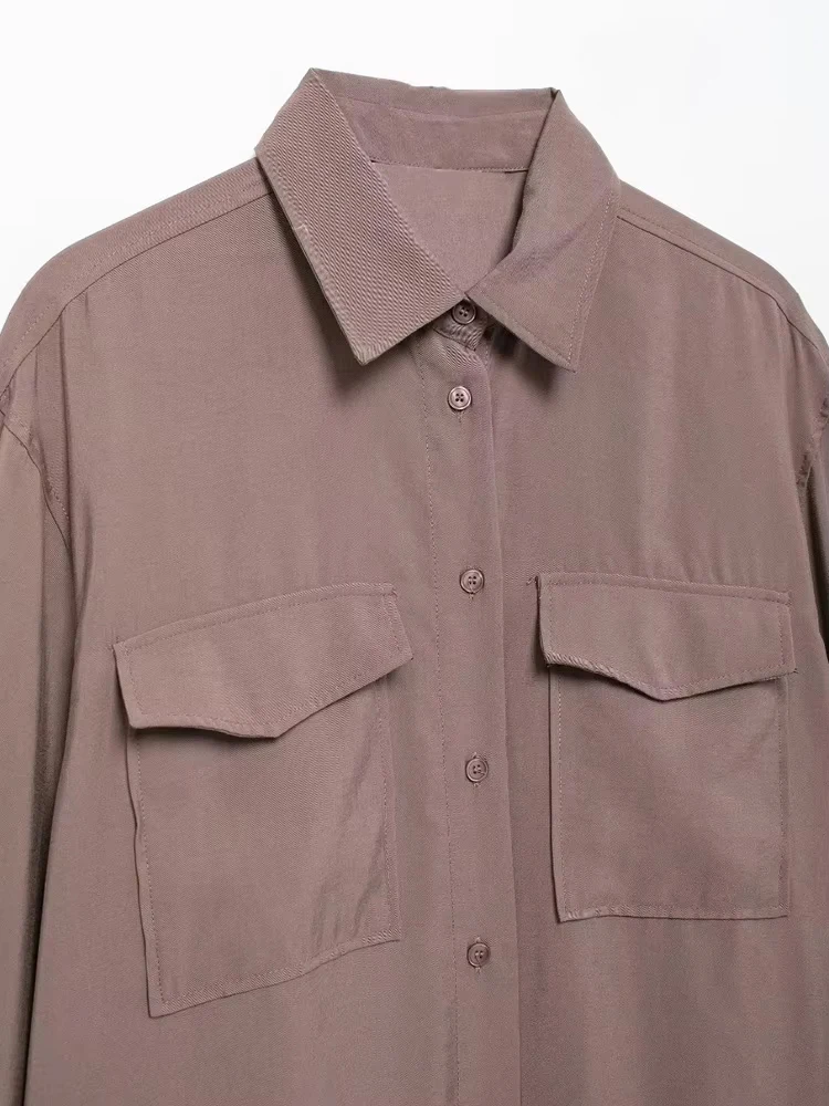 Flowing Shirts with Pockets for Women, Long Sleeve, Button-up, Female Blouses, Chic Tops, Fashion