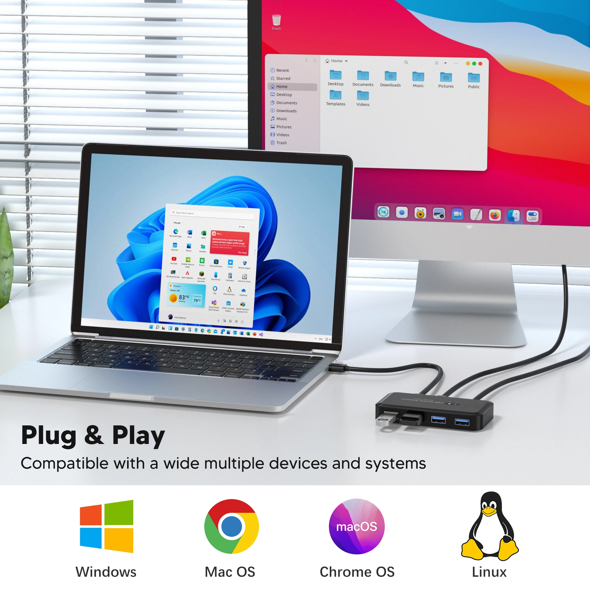 4-Port USB 3.0 KVM Docking Station Switch Printer Sharing Device USB Splitter Network Adapter for PCs or Mainframes