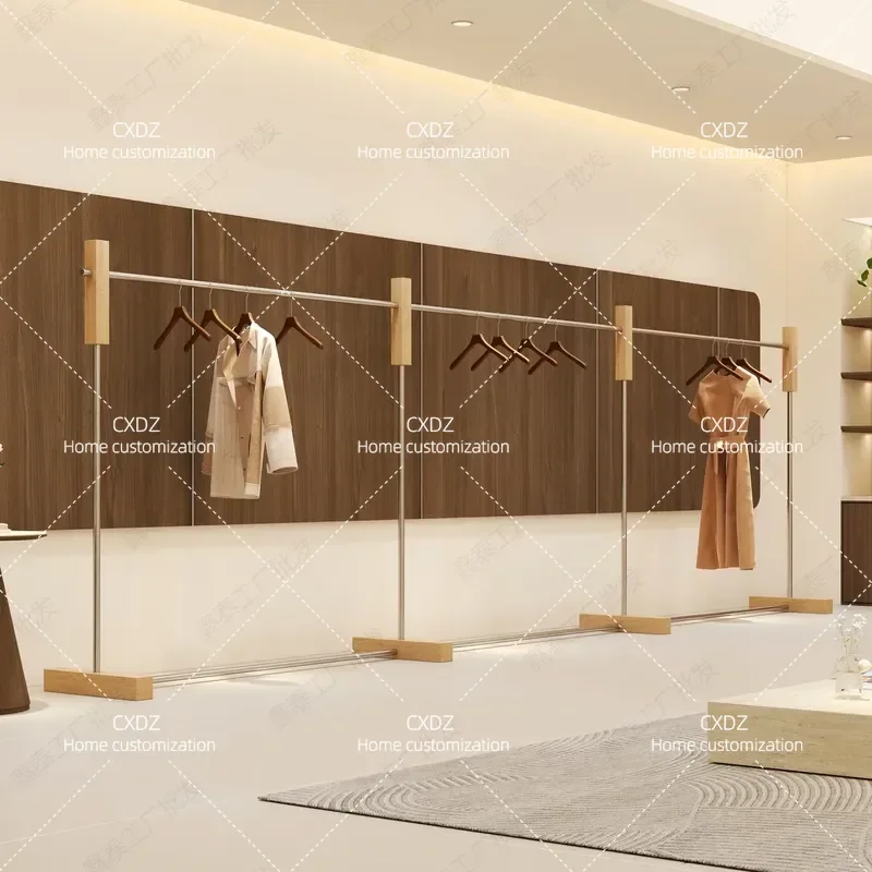 Walnut log color clothing store display rack Floor-to-ceiling hanger Men's and women's clothing Stainless steel Nakajima