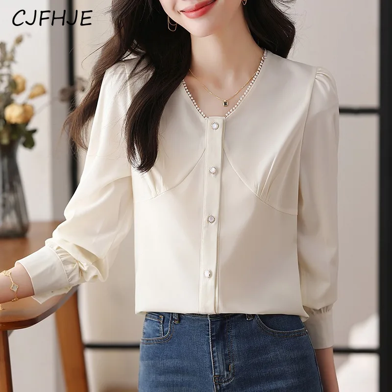 

CJFHJE Spring French Lazy Style Women's V-neck Shirt Korean Version Fashion Bubble Sleeve Slim Fit Women Long Sleeved Shirt Top