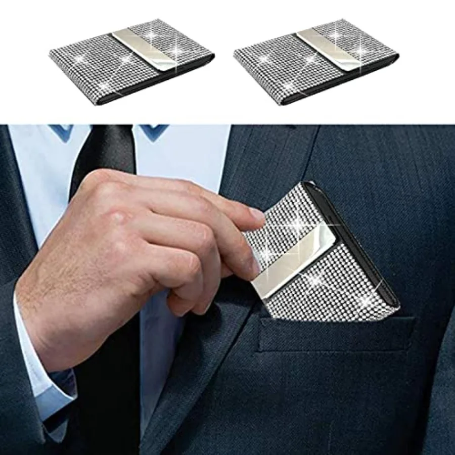 حامل بطاقات العمل اللامعة من جلد البولي يوريثان مع وعاء معدني بأحجار الراين الماسية الكريستالية مع إغلاق مغناطيسي