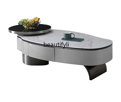 

X188 Italian Light Luxury Microlite Creative Coffee Table Small Apartment Modern Living Room Shaped round Glass Rotatable Tea Ta