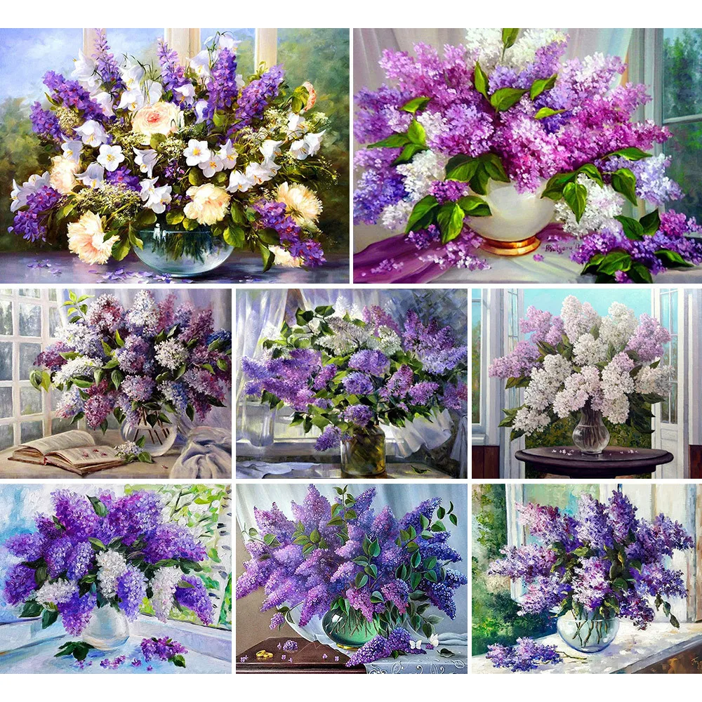 Painting Era 11/14CT Embroidery Painting Purple Flower Landscape Cross Stitch Kits DMC Printed Canvas Handmade Home Decoration