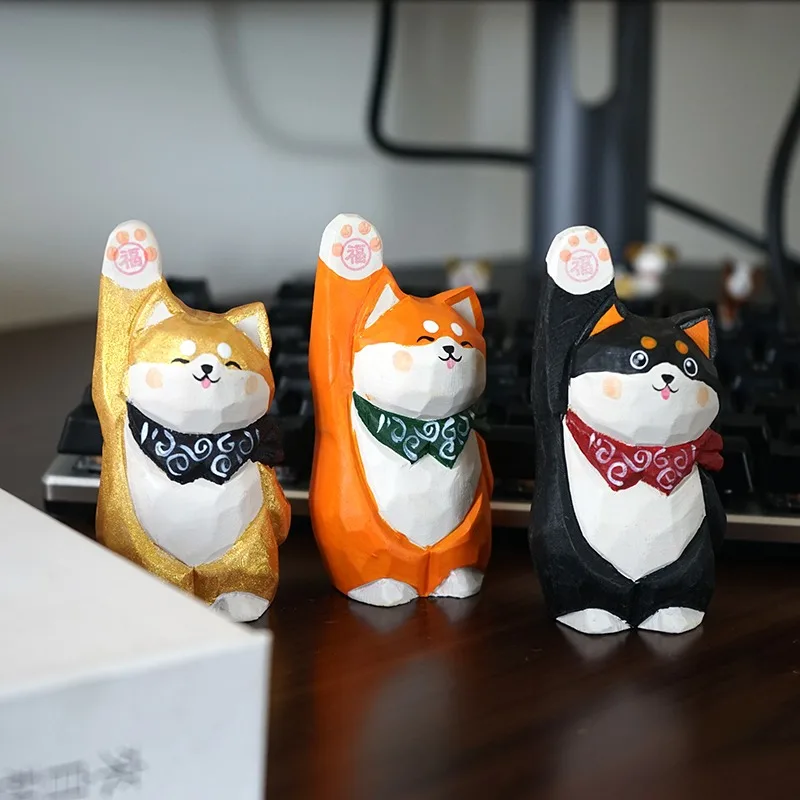 Lucky Fortune Shiba Inu Hand Carved Wood Statue Wealth Beckoning Feline Office Workspace Decor Gift Bedroom Nightstand Ornament