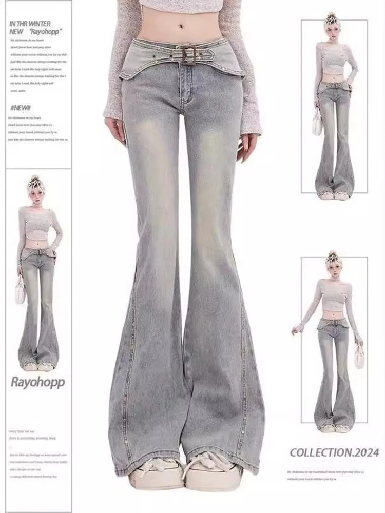 WCFCX STUDIO Women Vintage High Street Bell Bottom Jeans Lady Sexy Slim Fit Denim Flare Pants Spicy Girl Niche Design Trousers