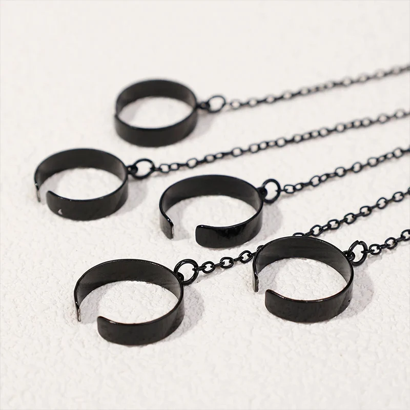 Punk Geometric Black Color Chain Wrist Bracelet Ring For Women Men Open Ring Silver Link Chain Girls Cool Design Fashion Jewelry